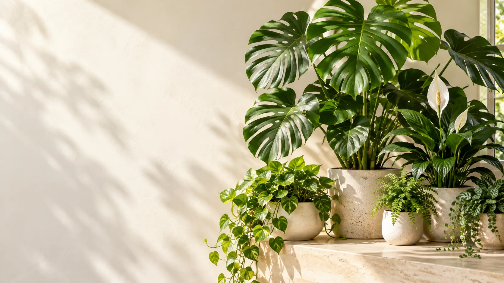 Illustrative arrangement of leafy potted plants in warm natural light