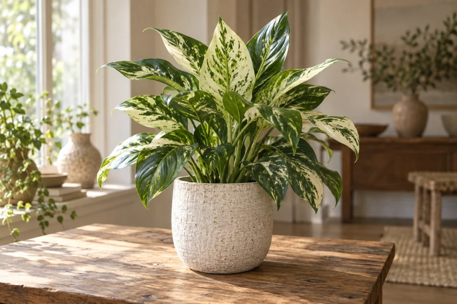 Illustrative variegated indoor plant in a ceramic pot