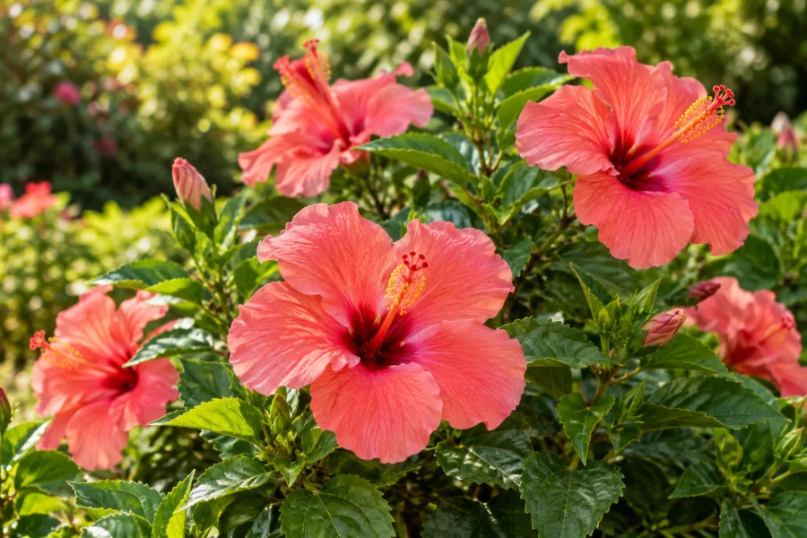 Illustrative pink hibiscus flowers among green garden foliage