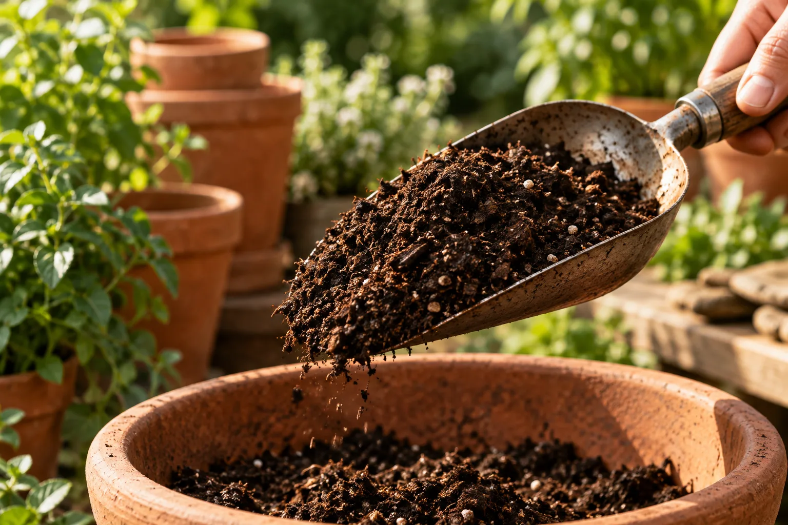 Illustrative scoop of potting soil beside a terracotta planter